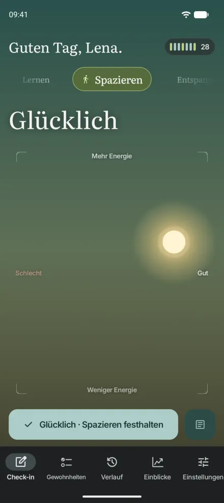 Moments für Android auf einem Smartphone: der Himmel-Check-in mit Glücklich und Spazieren ausgewählt und einer Taste zum Speichern.