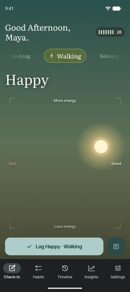 Moments for Android on a phone, the sky check-in with Happy and Walking picked and a Log Happy · Walking button.