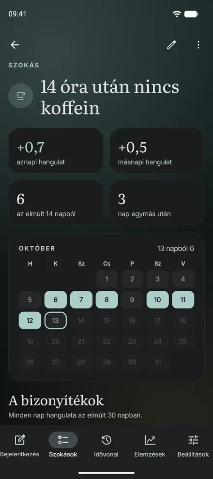 Egy szokás a Moments Android-verziójában, Nincs koffein 14 óra után, a hangulatra gyakorolt hatással aznap és másnap, és a naplózott napok naptárával.