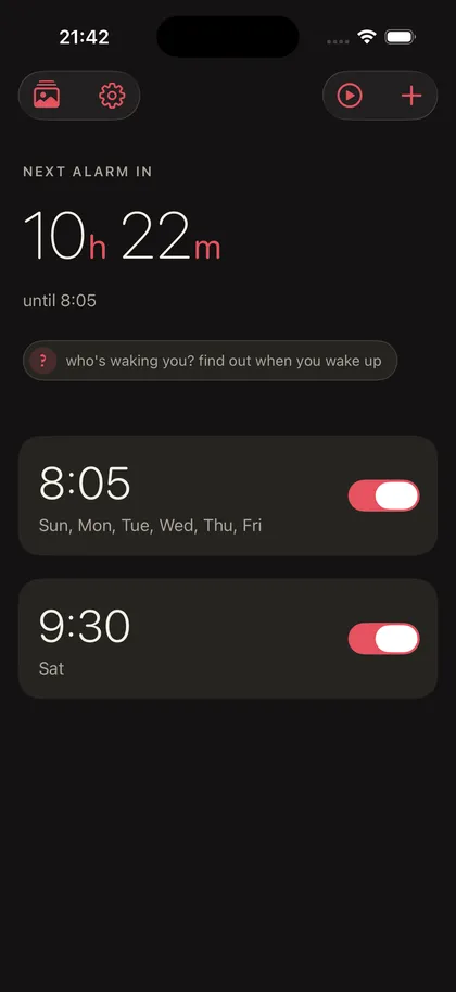 The home screen, with a large "Next alarm in 10h 22m" countdown above a list of alarms with day repeats.