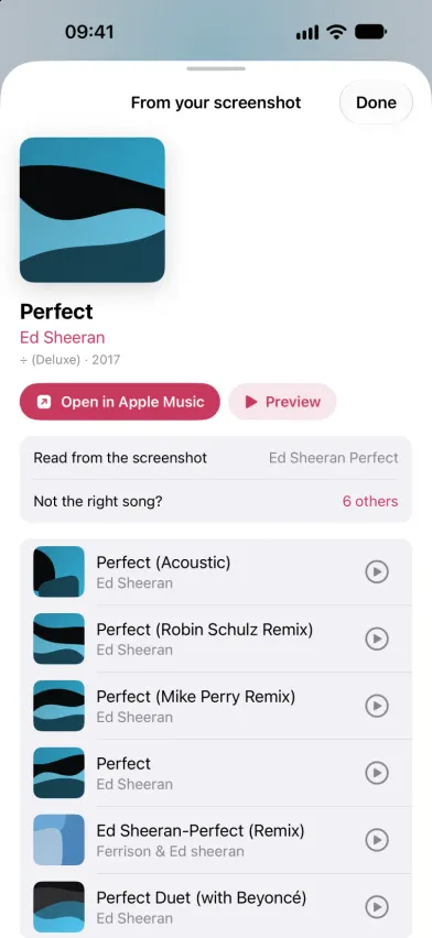SongFetch with Not the right song? expanded into six close matches, such as the acoustic version and remixes, each with a play button for a preview.