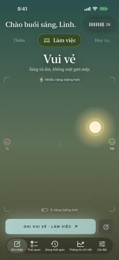 Màn hình ghi nhận tâm trạng của Moments trên iPhone, một bầu trời nơi kéo mặt trời lên nghĩa là nhiều năng lượng hơn và sang phải nghĩa là thấy tốt hơn, với bộ chọn hoạt động phía trên.