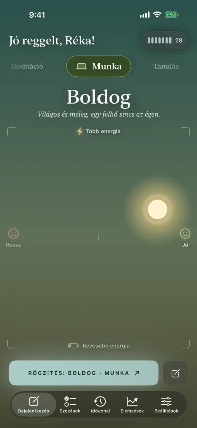 A Moments hangulat-bejelentkezése iPhone-on, egy égbolt, ahol a nap felfelé húzása több energiát, jobbra húzása jobb közérzetet jelent, fölötte a tevékenység választóval.
