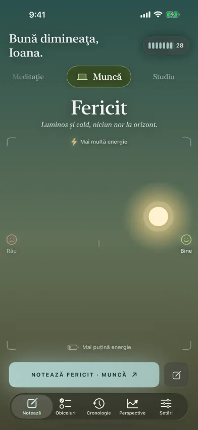 Notarea stării în Moments pe iPhone, un cer pe care tragerea soarelui în sus înseamnă mai multă energie, iar spre dreapta o stare mai bună, cu alegerea activității deasupra.