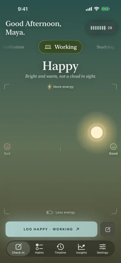 Moments mood check-in on iPhone, a sky where dragging the sun up means more energy and right means feeling better, with an activity picker above.