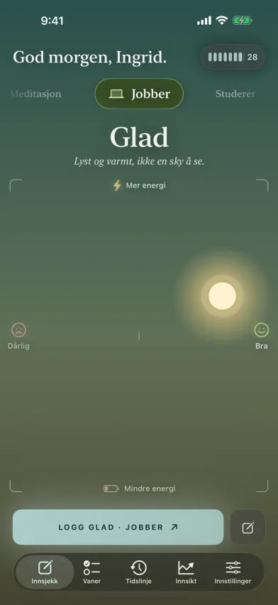 Humørinnsjekkingen i Moments på iPhone, en himmel der solen dratt opp betyr mer energi og mot høyre å føle seg bedre, med valg av aktivitet over.