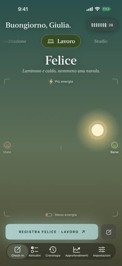 Il check-in dell'umore di Moments su iPhone, un cielo in cui trascinare il sole verso l'alto significa più energia e verso destra sentirsi meglio, con la scelta dell'attività sopra.