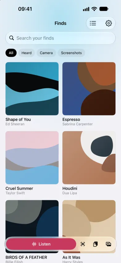 SongFetch Finds library as a two-column grid of covers with song titles and artists, and the find bar along the bottom.