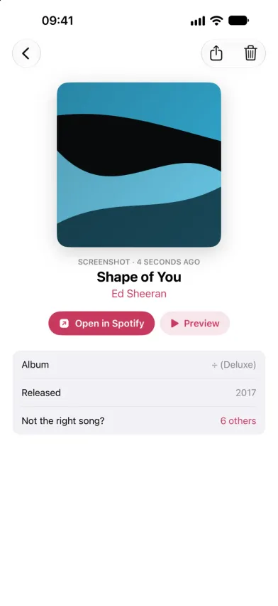 A saved find in SongFetch, Shape of You by Ed Sheeran found from a screenshot, with an Open in Spotify button, a Preview button, the album and release year.