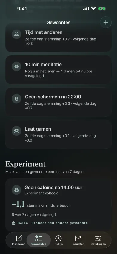 Een afgerond experiment van 7 dagen in Moments, met een stemming die +1,1 hoger is sinds er na 14.00 uur geen cafeïne meer werd gedronken, en een deelknop.