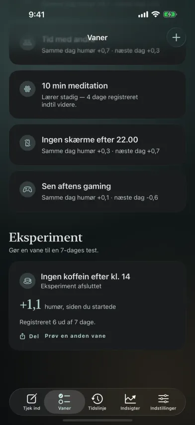 Et afsluttet 7-dages eksperiment i Moments viser humøret +1,1 siden stop for koffein efter kl. 14, med en deleknap.