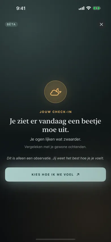Het resultaat van de gezichtscheck in Moments, een camera-check-in in bèta die zegt dat je er vandaag wat vermoeider uitziet dan op je gewone middagen.