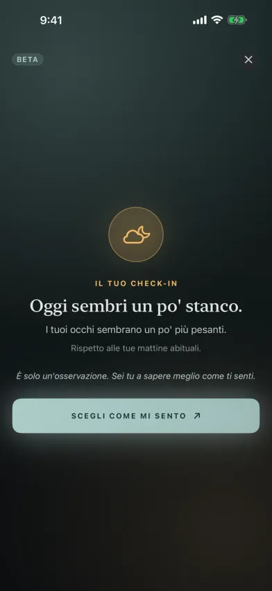 Il risultato del controllo del viso in Moments, un check-in con la fotocamera in beta che dice che oggi sembri un po' più stanco rispetto ai tuoi soliti pomeriggi.