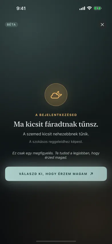 Az arcellenőrzés eredménye a Momentsben, egy béta kamerás bejelentkezés, amely szerint ma kicsit fáradtabbnak tűnsz, mint a szokásos délutánjaidon.