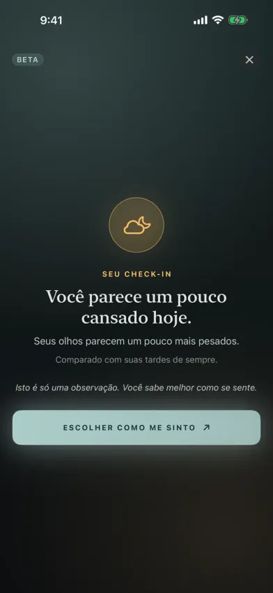 O resultado da verificação facial no Moments, um check-in com a câmera em beta que diz que você parece um pouco mais cansado hoje do que nas suas tardes de costume.