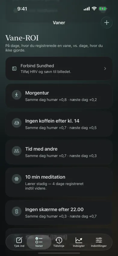 Skærmen Vane-ROI i Moments på iPhone viser hver vanes effekt på humøret samme dag og dagen efter, for eksempel +0,7 for tid med andre.