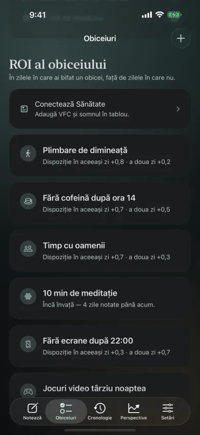 Ecranul ROI al obiceiului din Moments pe iPhone, cu efectul fiecărui obicei asupra stării în aceeași zi și în ziua următoare, de exemplu +0,7 pentru timpul petrecut cu alții.