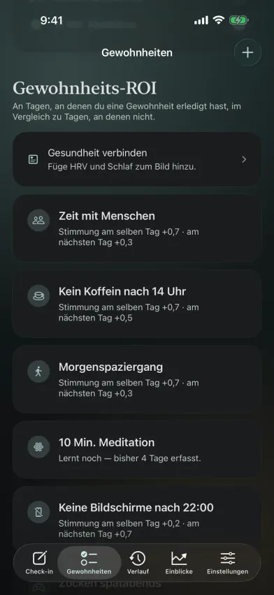 Der Bildschirm Gewohnheits-ROI in Moments auf dem iPhone zeigt den Effekt jeder Gewohnheit auf die Stimmung am selben und am nächsten Tag, etwa +0,7 für Zeit mit anderen Menschen.