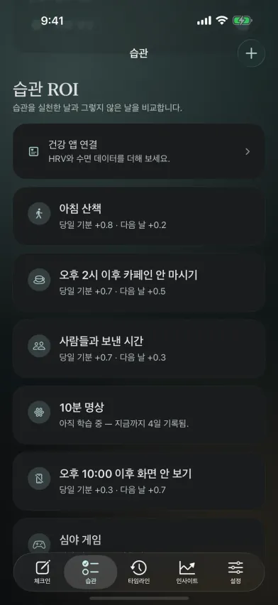 iPhone에서 본 Moments의 습관 ROI 화면. 각 습관이 당일과 다음 날 기분에 주는 효과를 보여 주며, 예를 들어 사람들과 보낸 시간은 +0.7.