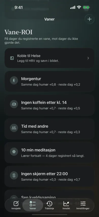 Skjermen Vane-ROI i Moments på iPhone viser hver vanes effekt på humøret samme dag og dagen etter, for eksempel +0,7 for tid med andre.