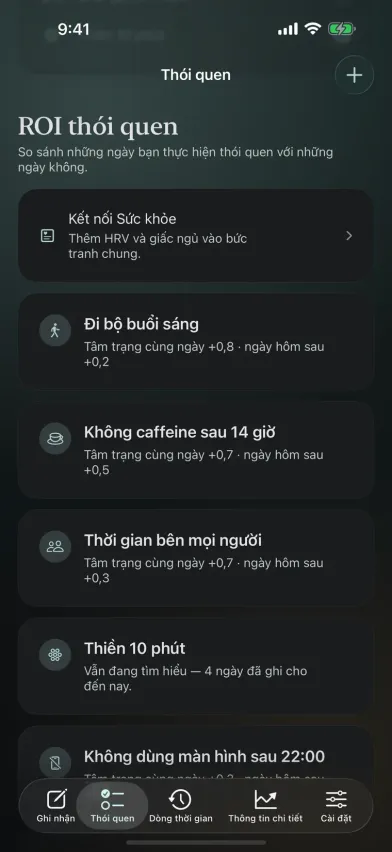 Màn hình ROI thói quen của Moments trên iPhone, cho thấy tác động của từng thói quen lên tâm trạng trong ngày và ngày hôm sau, ví dụ +0,7 cho thời gian ở bên người khác.