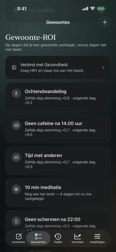 Het scherm Gewoonte-ROI van Moments op de iPhone, met het effect van elke gewoonte op je stemming dezelfde dag en de dag erna, zoals +0,7 voor tijd met anderen.
