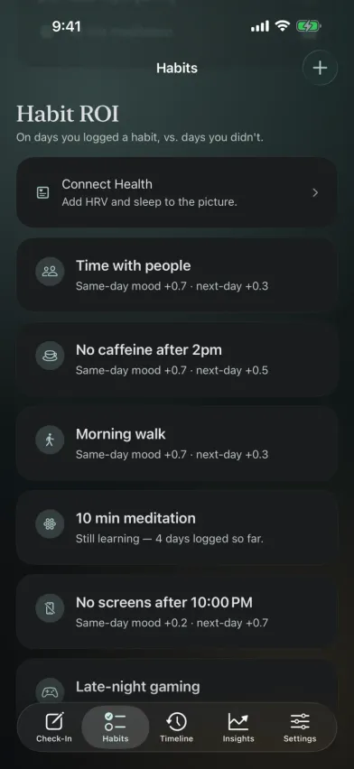 Moments Habit ROI screen on iPhone, showing the same-day and next-day mood effect of each habit, such as +0.7 for time with people.