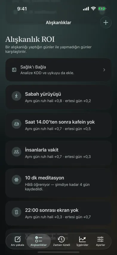 iPhone'da Moments Alışkanlık ROI ekranı; her alışkanlığın aynı gün ve ertesi gün ruh haline etkisini gösteriyor, örneğin başkalarıyla vakit geçirmek için +0,7.