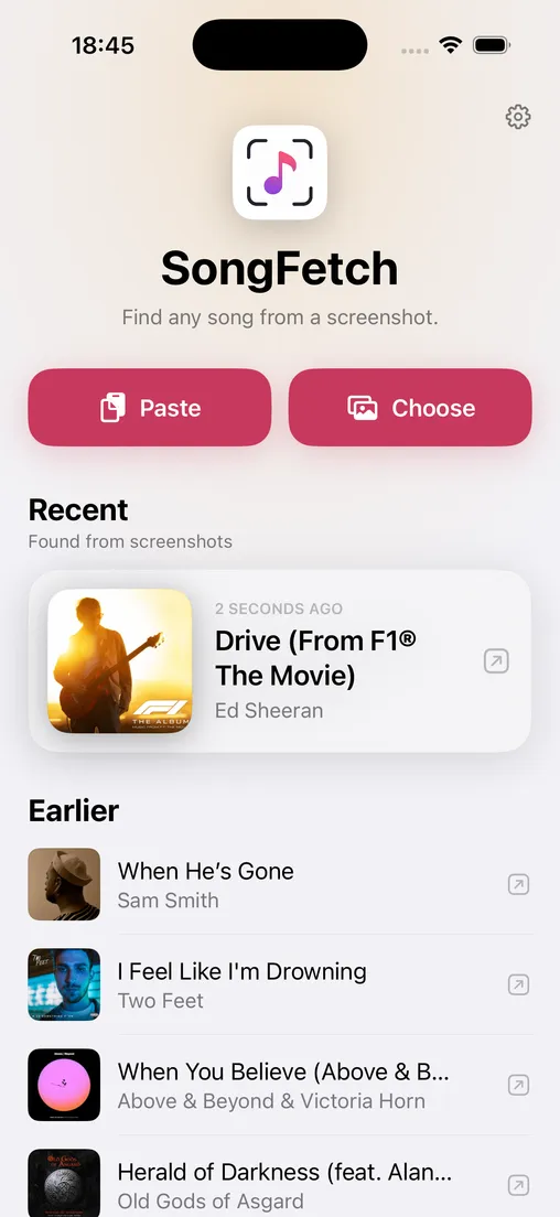 The home screen — Paste and Choose buttons above a list of recently found songs, each with its artwork and artist.