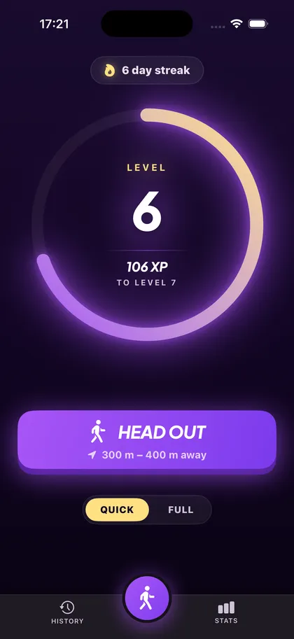 The Home screen, with a level ring showing Level 6, a six-day streak, and the Head Out button.