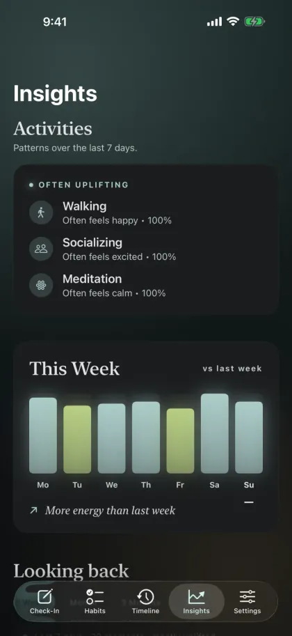 Moments Insights screen, listing the activities that often lift mood and comparing this week's energy with last week.