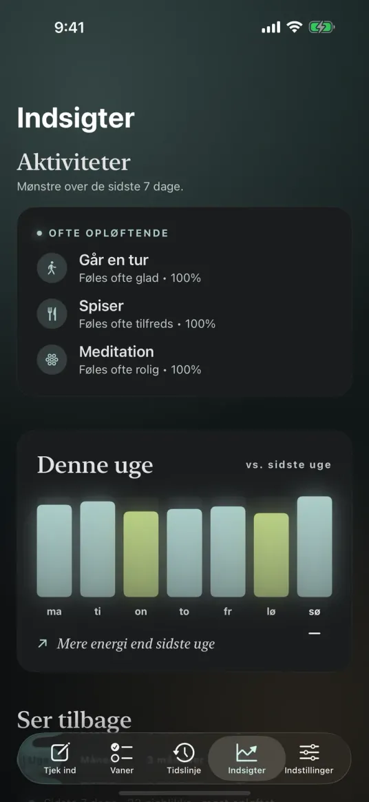 Skærmen Indsigter i Moments viser de aktiviteter, der ofte løfter humøret, og sammenligner denne uges energi med sidste uges.