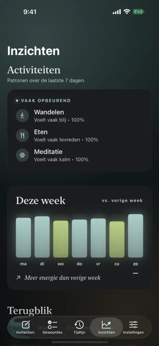 Het scherm Inzichten van Moments, met de activiteiten die je stemming vaak verbeteren en een vergelijking van je energie deze week met vorige week.