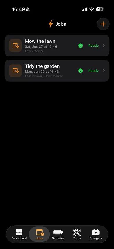 Jobs list showing planned tasks with their dates, required tools and a ready or short status.