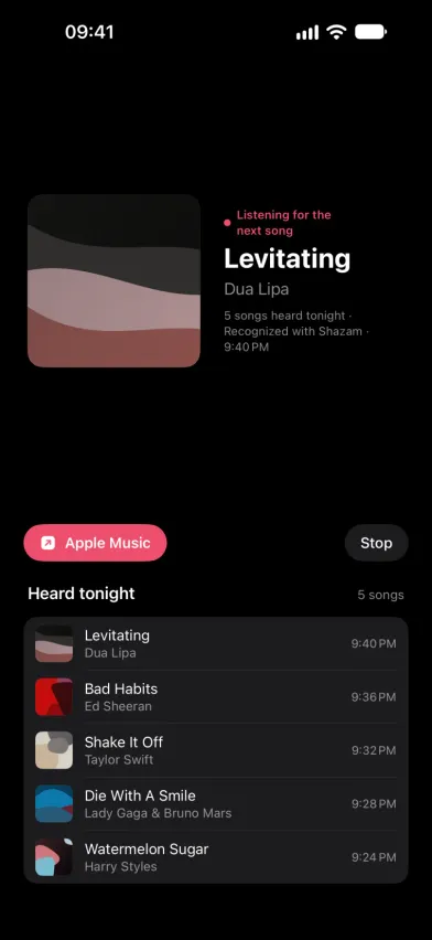 SongFetch Keep Listening in dark mode, naming the current song while listening for the next, above a Heard tonight list of five songs with the time each was heard.