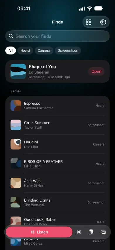 SongFetch Finds library in dark mode, each earlier find labelled Heard, Screenshot or Camera.