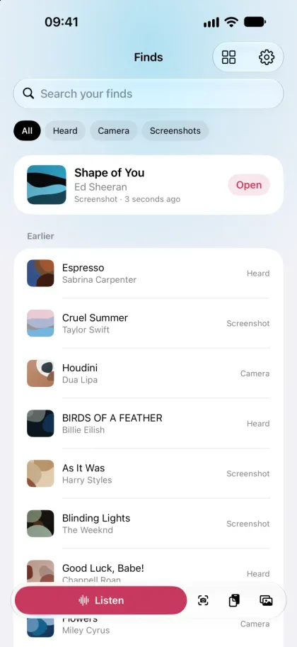 SongFetch Finds library on iPhone, with a search field, filters for Heard, Camera and Screenshots, the newest find on its own card, earlier finds labelled by how they were found, and the Listen, camera, paste and photos buttons along the bottom.