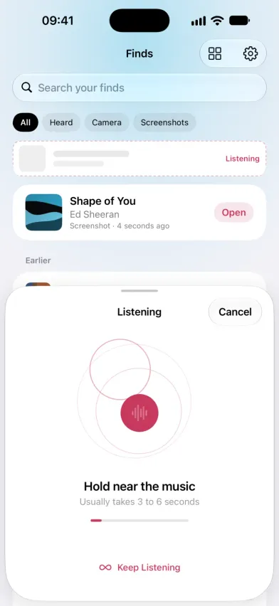 SongFetch listening for a song, a sheet that says hold near the music, usually takes 3 to 6 seconds, with a progress bar and a Keep Listening button.