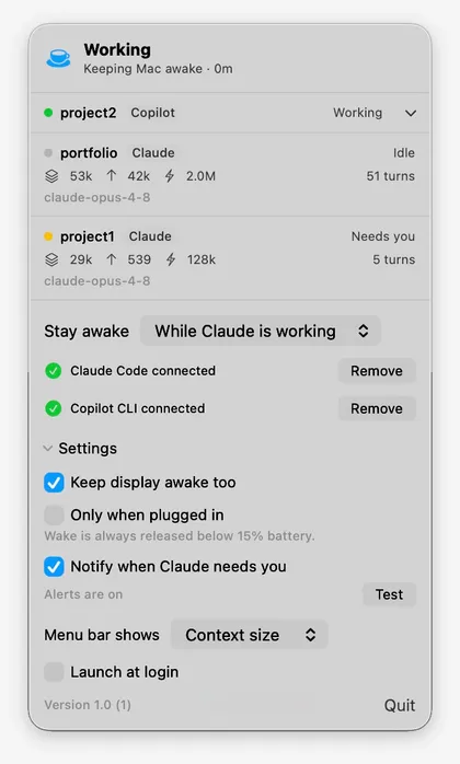 The Nightporter menu-bar panel, showing three live sessions tagged by agent (a Copilot run and two Claude runs) with token counts and turn totals, a "Stay awake while Claude is working" control, green "Claude Code connected" and "Copilot CLI connected" badges, and settings for display sleep, battery and notifications.