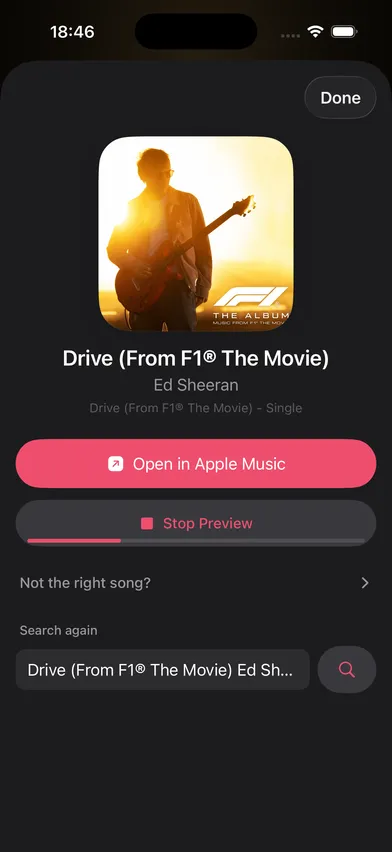 The result sheet in dark mode, playing the track's preview with a progress bar under the Stop Preview button.