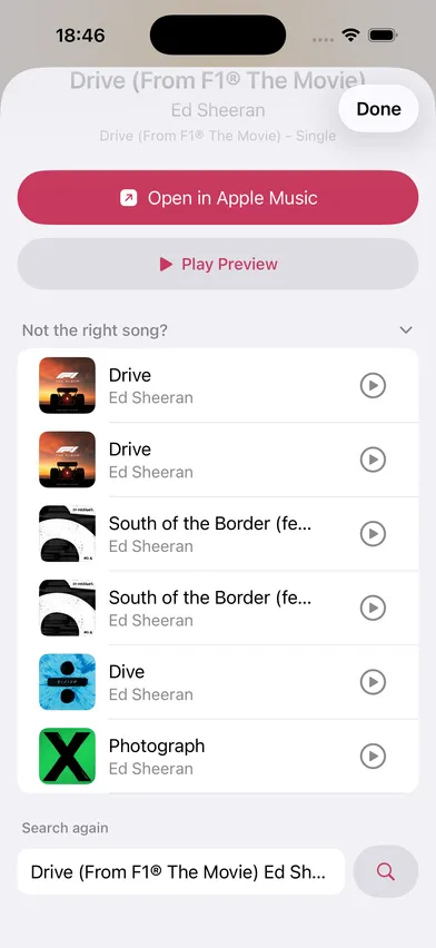 The result sheet with "Not the right song?" expanded, listing alternative matches from the same screenshot, and a search box to try again.