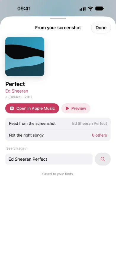 SongFetch result after reading a screenshot, showing Perfect by Ed Sheeran with Open in Apple Music and Preview buttons, the text read from the screenshot, and a field to search again.