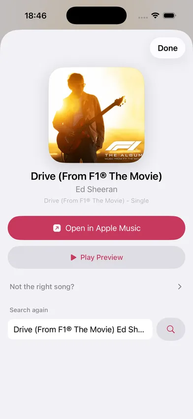 The result sheet — album artwork, title and artist, with Open in Apple Music and Play Preview buttons.