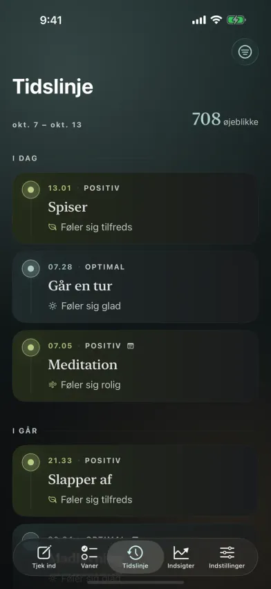 Tidslinjen i Moments med indlæg i humørdagbogen grupperet efter dag, hver mærket med aktivitet, energiniveau og følelse.