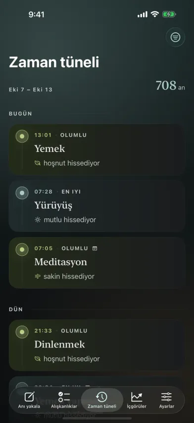 Moments zaman tüneli; ruh hali günlüğü kayıtları güne göre gruplanmış, her biri etkinlik, enerji düzeyi ve duyguyla etiketlenmiş.