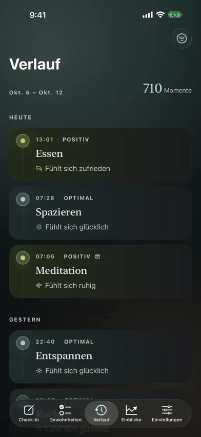 Die Timeline von Moments mit Einträgen im Stimmungstagebuch, nach Tagen gruppiert und jeweils mit Aktivität, Energielevel und Gefühl markiert.