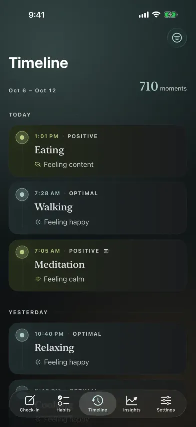 The Moments timeline, with mood journal entries grouped by day, each tagged with its activity, energy level, and feeling.