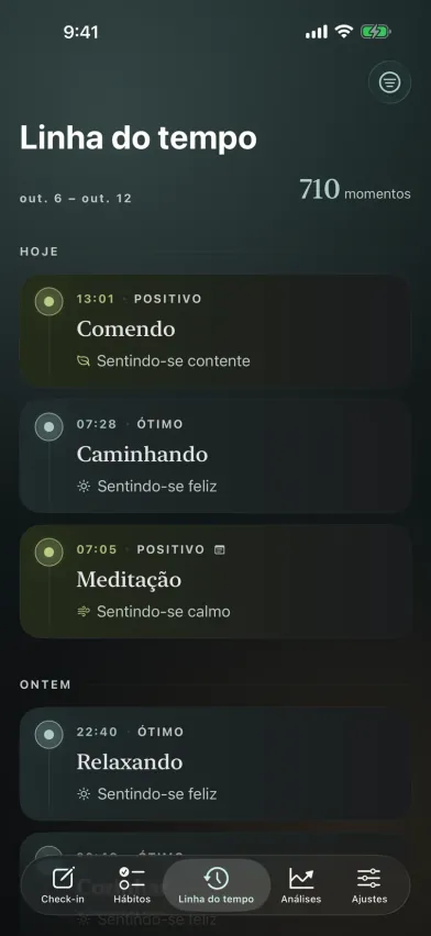 A linha do tempo do Moments, com registros do diário de humor agrupados por dia, cada um marcado com atividade, nível de energia e sentimento.